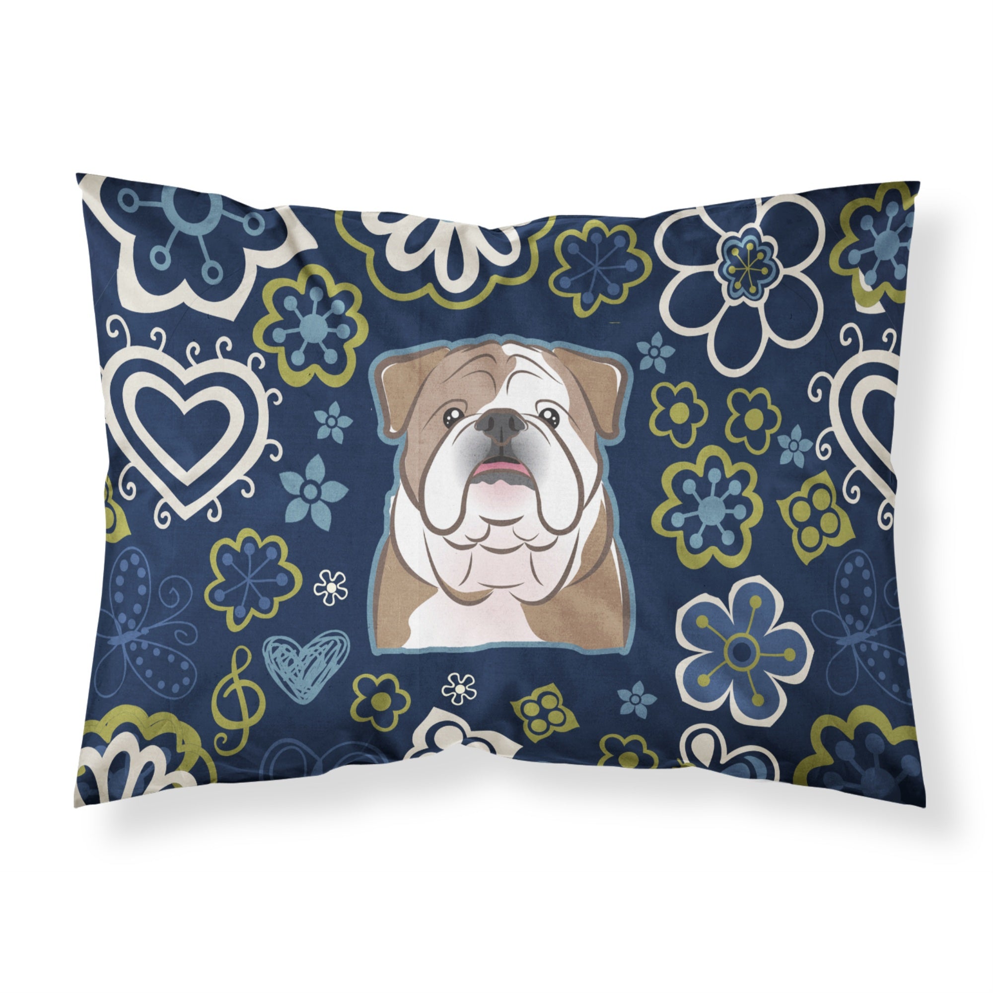 Blue Flowers English Bulldog  Fabric Standard Pillowcase