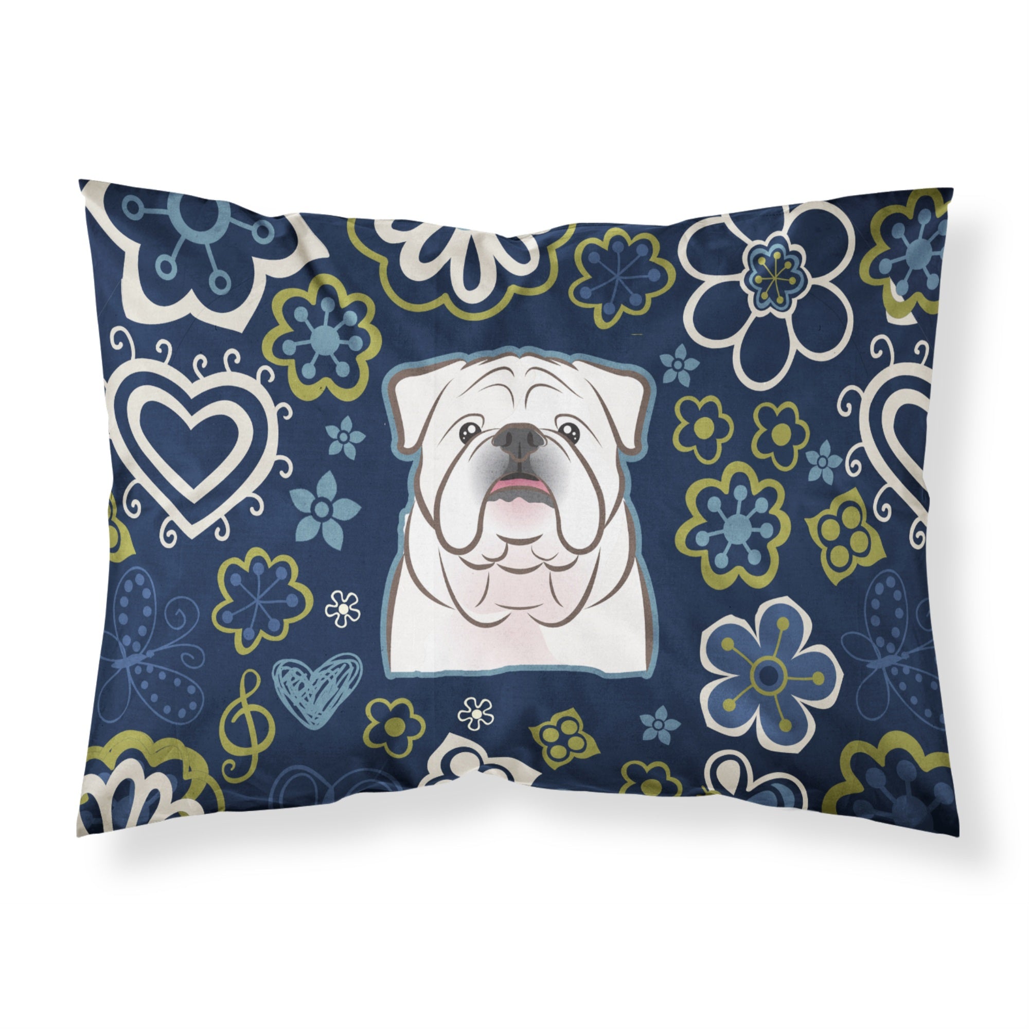 Blue Flowers White English Bulldog  Fabric Standard Pillowcase