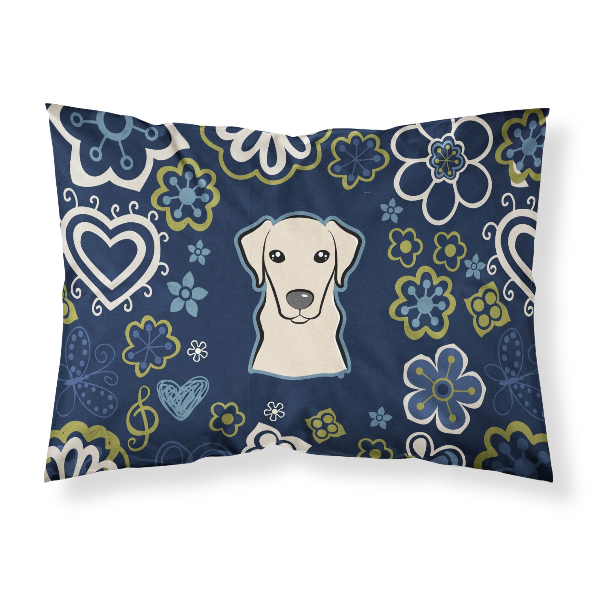 Blue Flowers Yellow Labrador Fabric Standard Pillowcase