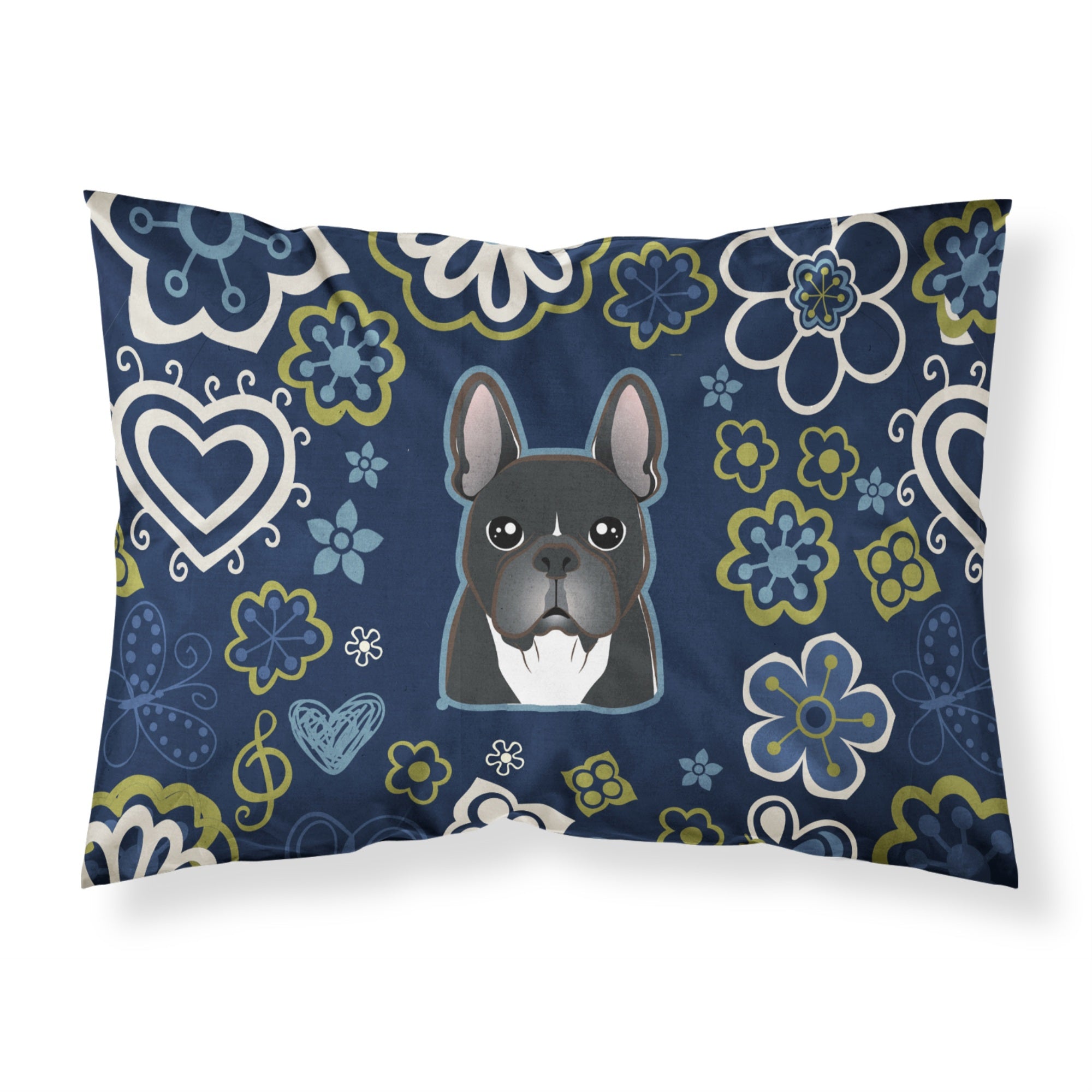 Blue Flowers French Bulldog Fabric Standard Pillowcase