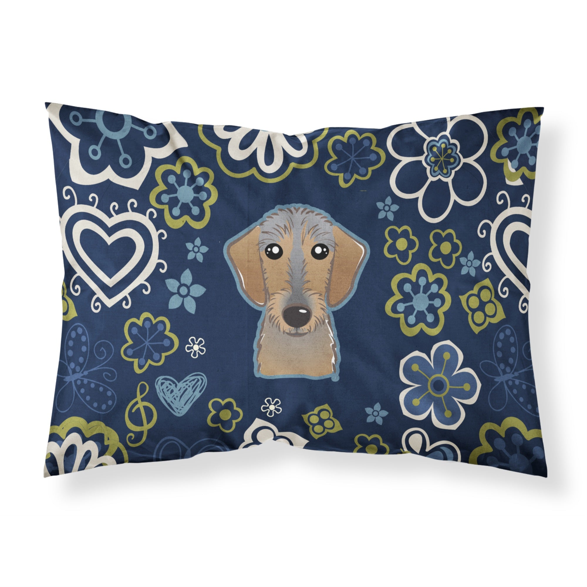 Blue Flowers Wirehaired Dachshund Fabric Standard Pillowcase