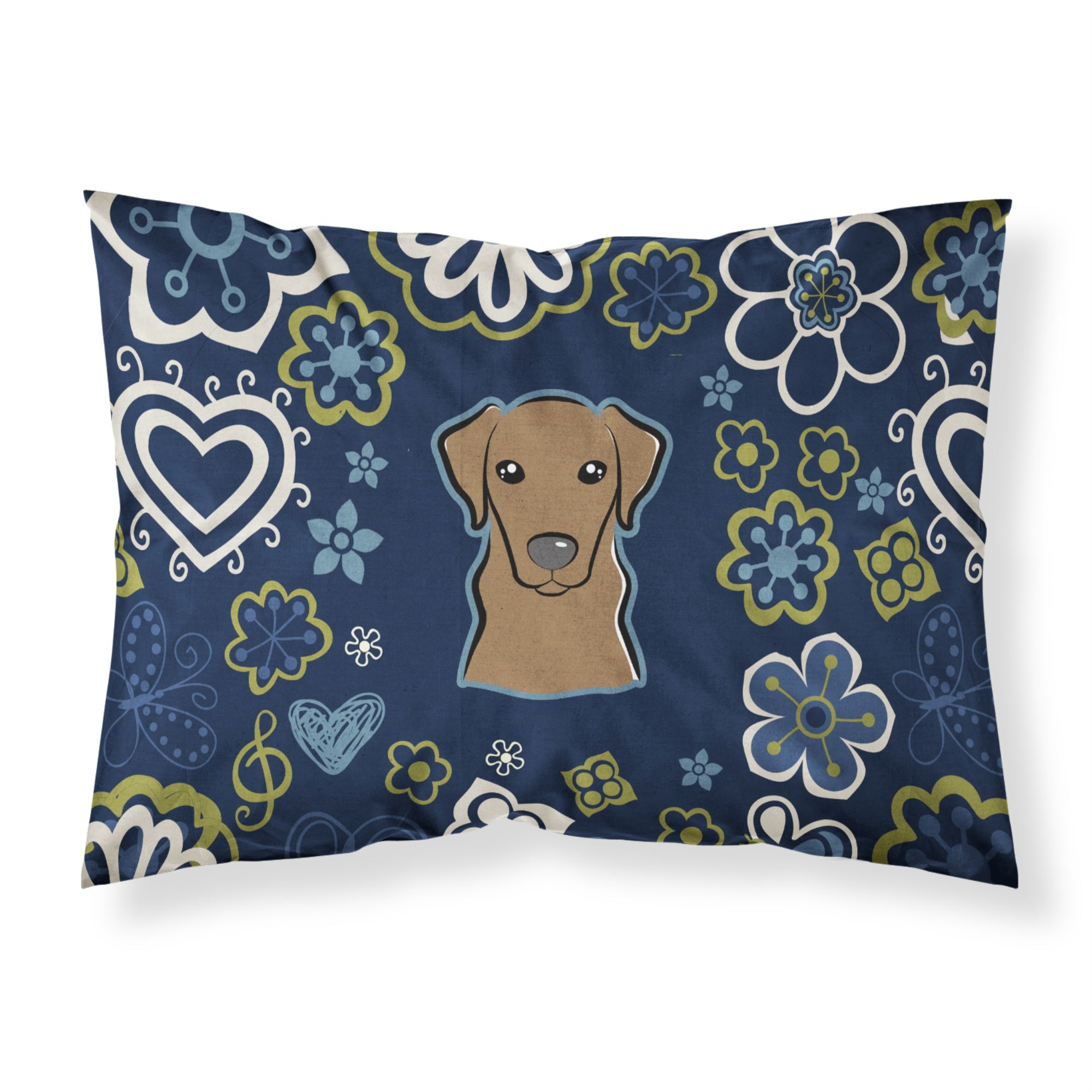 Blue Flowers Chocolate Labrador Fabric Standard Pillowcase