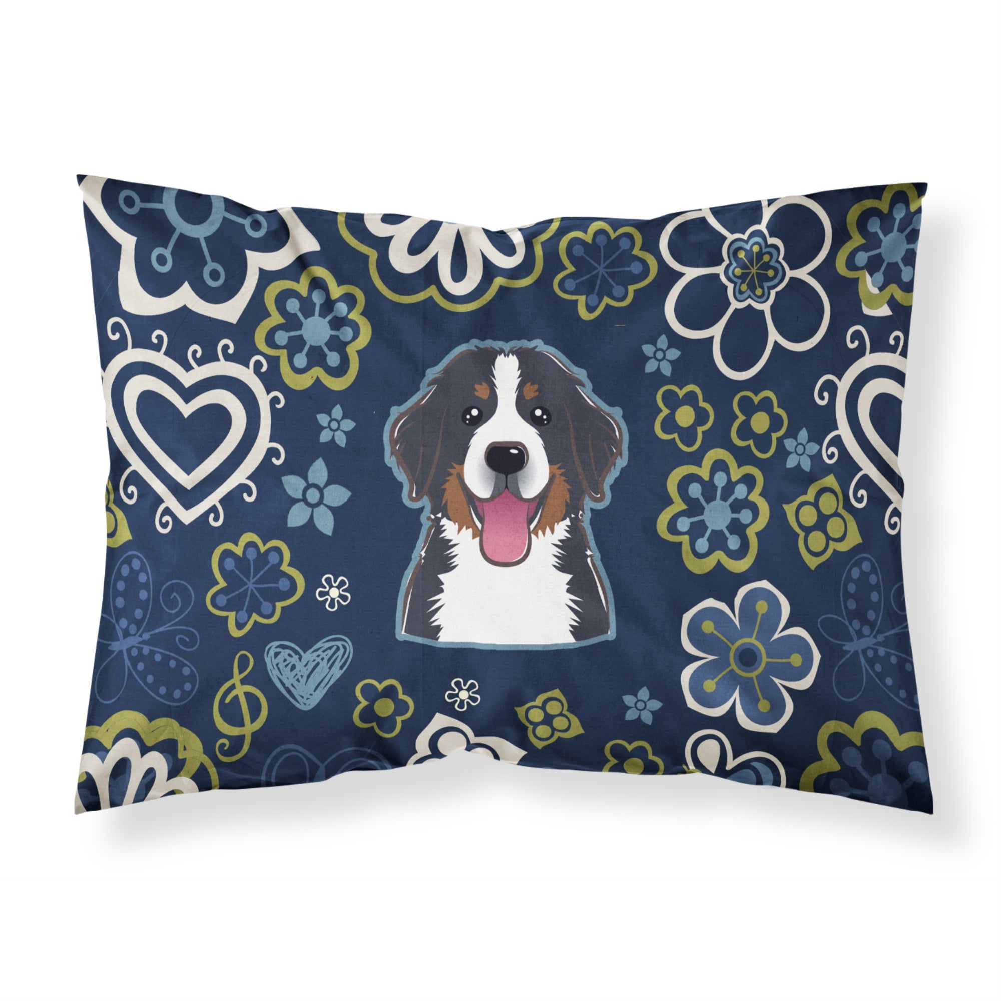 Blue Flowers Bernese Mountain Dog Fabric Standard Pillowcase