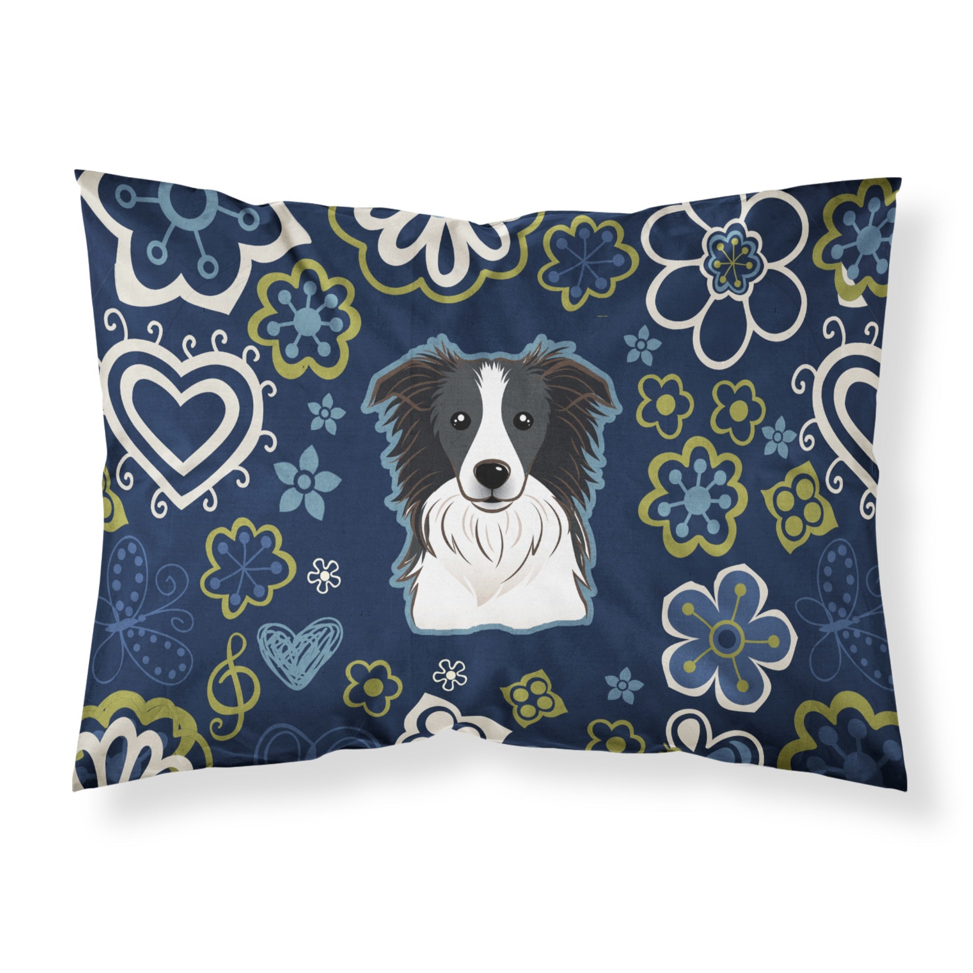 Blue Flowers Border Collie Fabric Standard Pillowcase