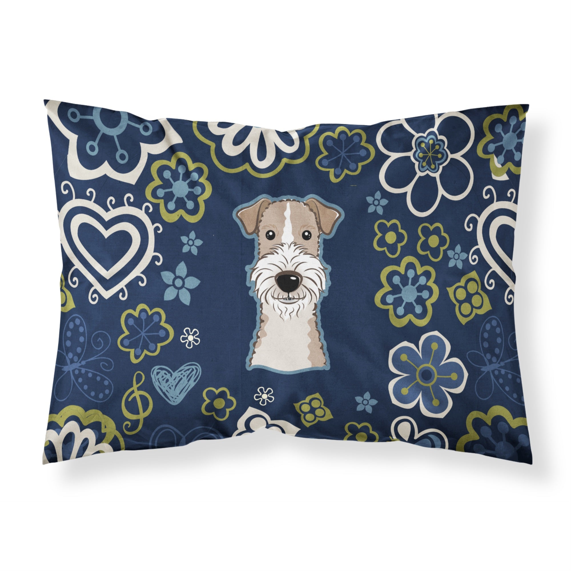 Blue Flowers Wire Haired Fox Terrier Fabric Standard Pillowcase