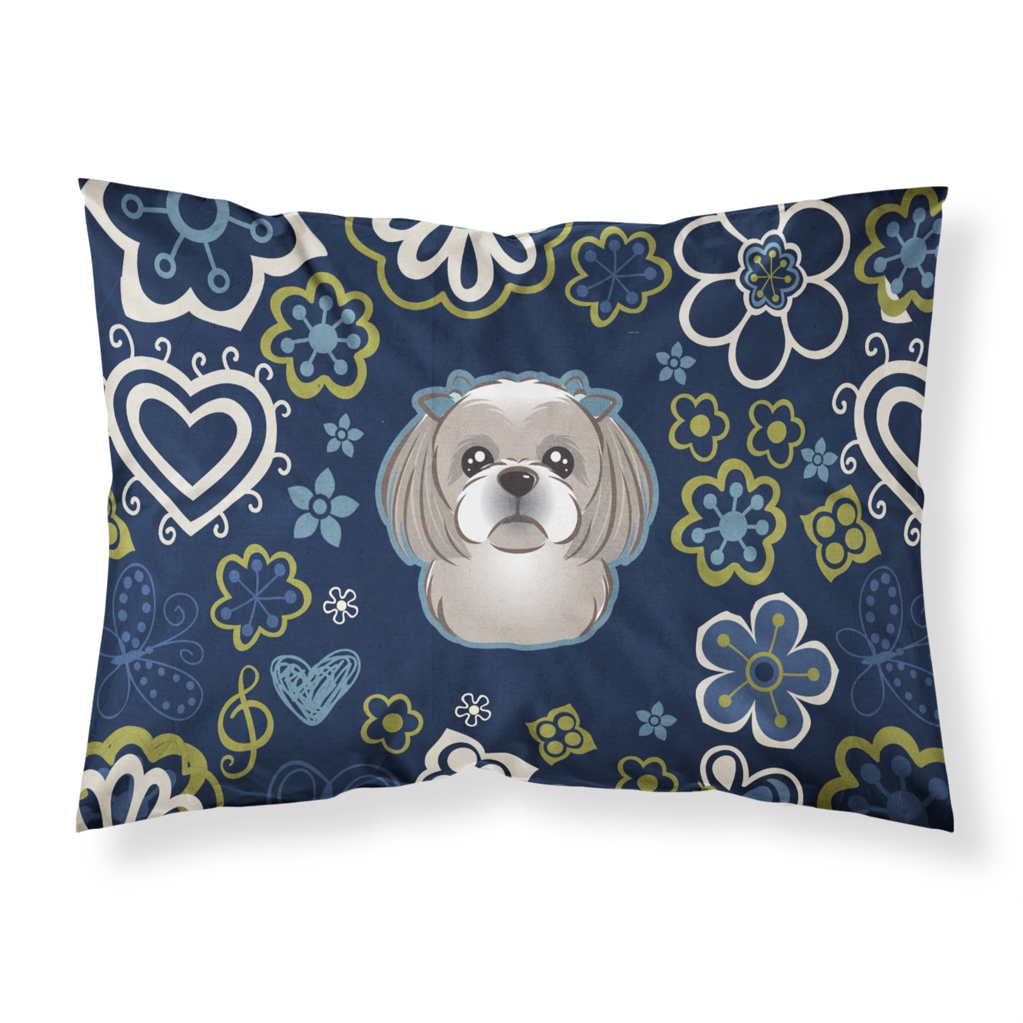 Blue Flowers Gray Silver Shih Tzu Fabric Standard Pillowcase