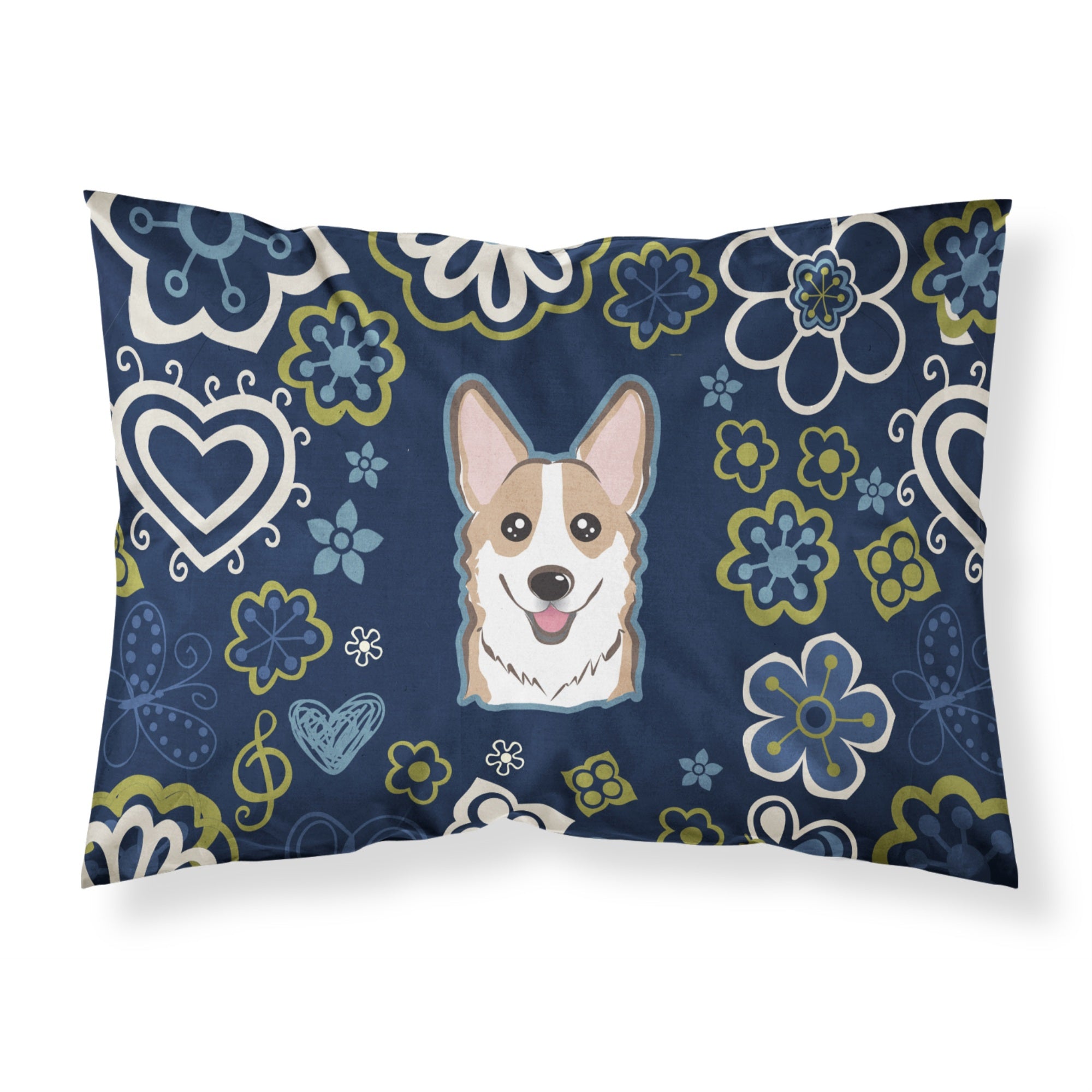 Blue Flowers Sable Corgi Fabric Standard Pillowcase