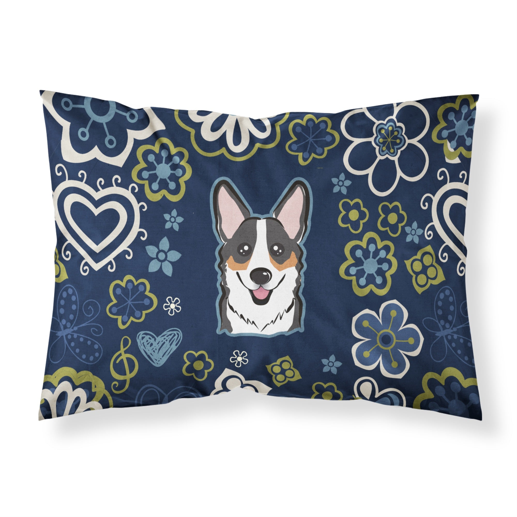 Blue Flowers Tricolor Corgi Fabric Standard Pillowcase