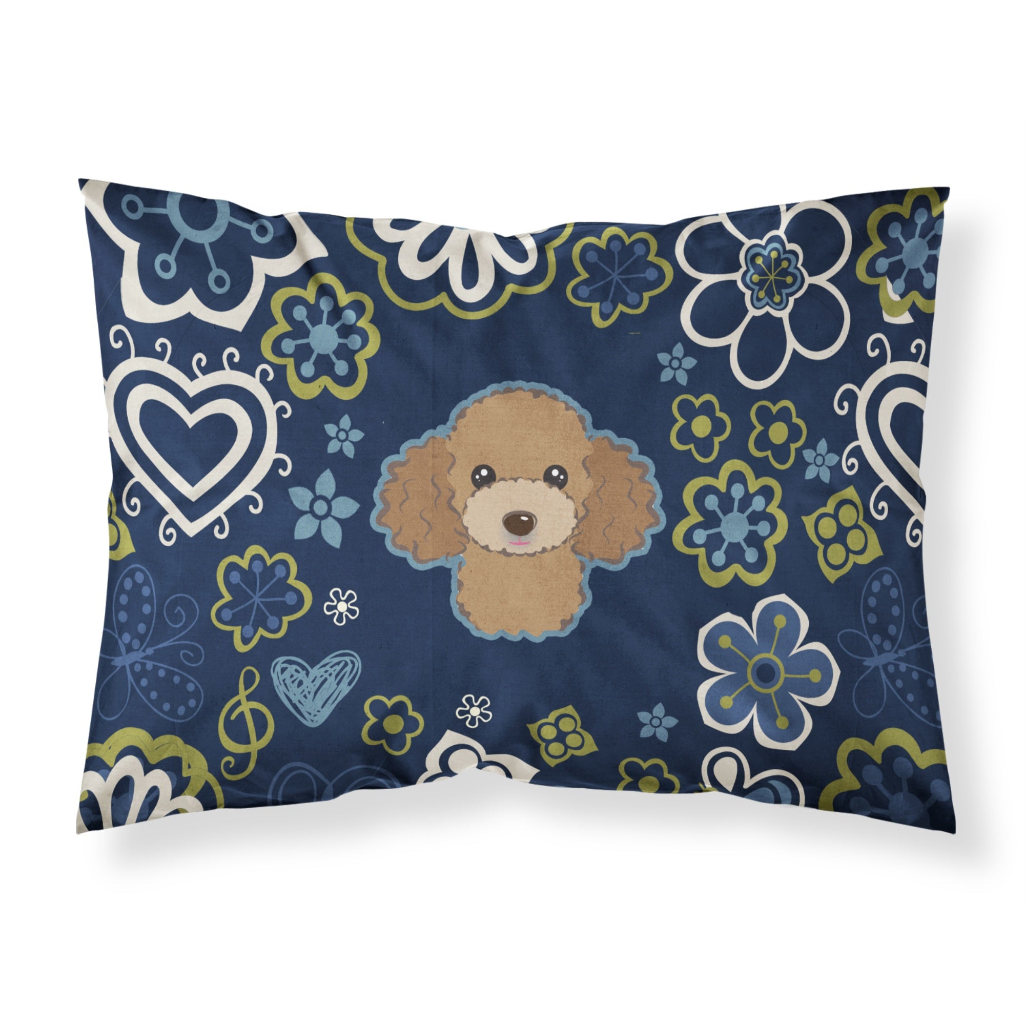 Blue Flowers Chocolate Brown Poodle Fabric Standard Pillowcase