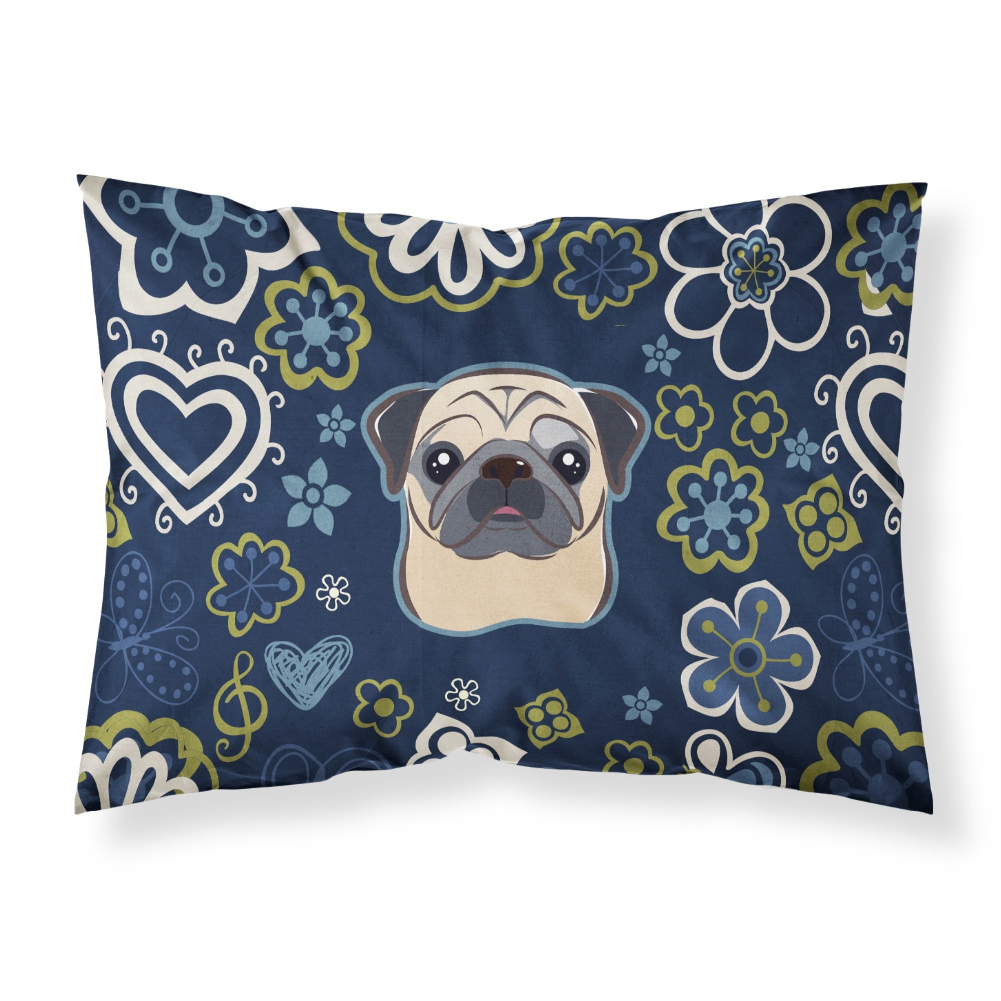 Blue Flowers Fawn Pug Fabric Standard Pillowcase