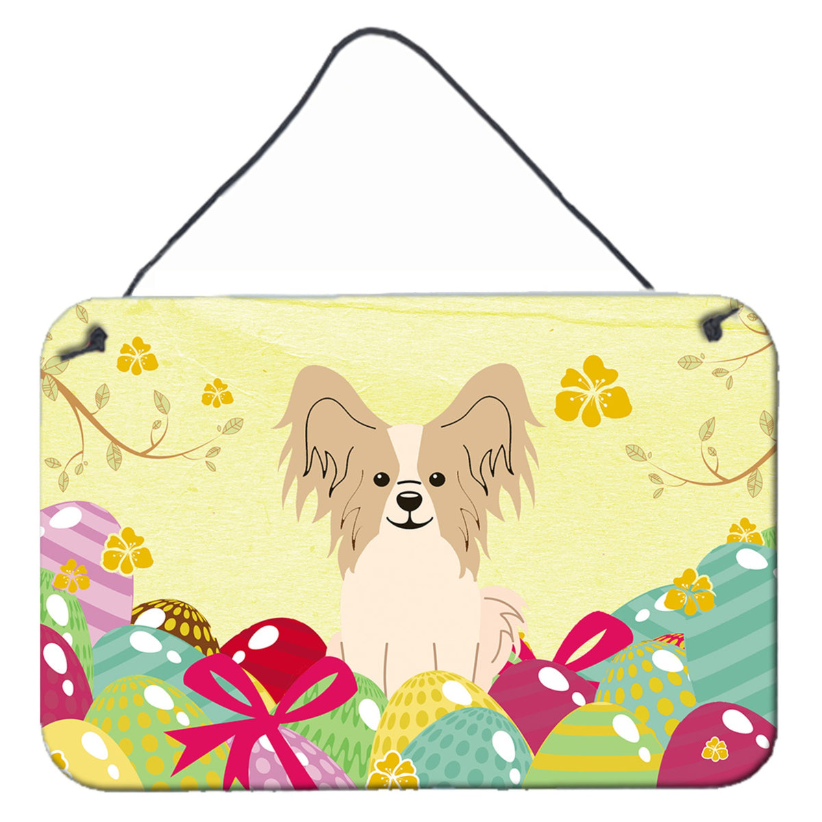 CarolineS Treasures Easter Eggs Papillon Sable White Metal Print, 8 Inch  Inch H X 12 Inch  Inch W, Multicolor