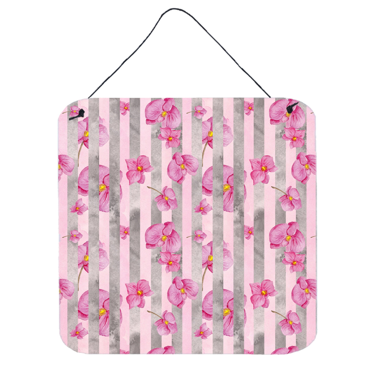 CarolineS Treasures Watercolor Pink Flowers Grey Stripes Metal Print, 6 Inch  Inch  H X 6 Inch  Inch  W, Multicolor