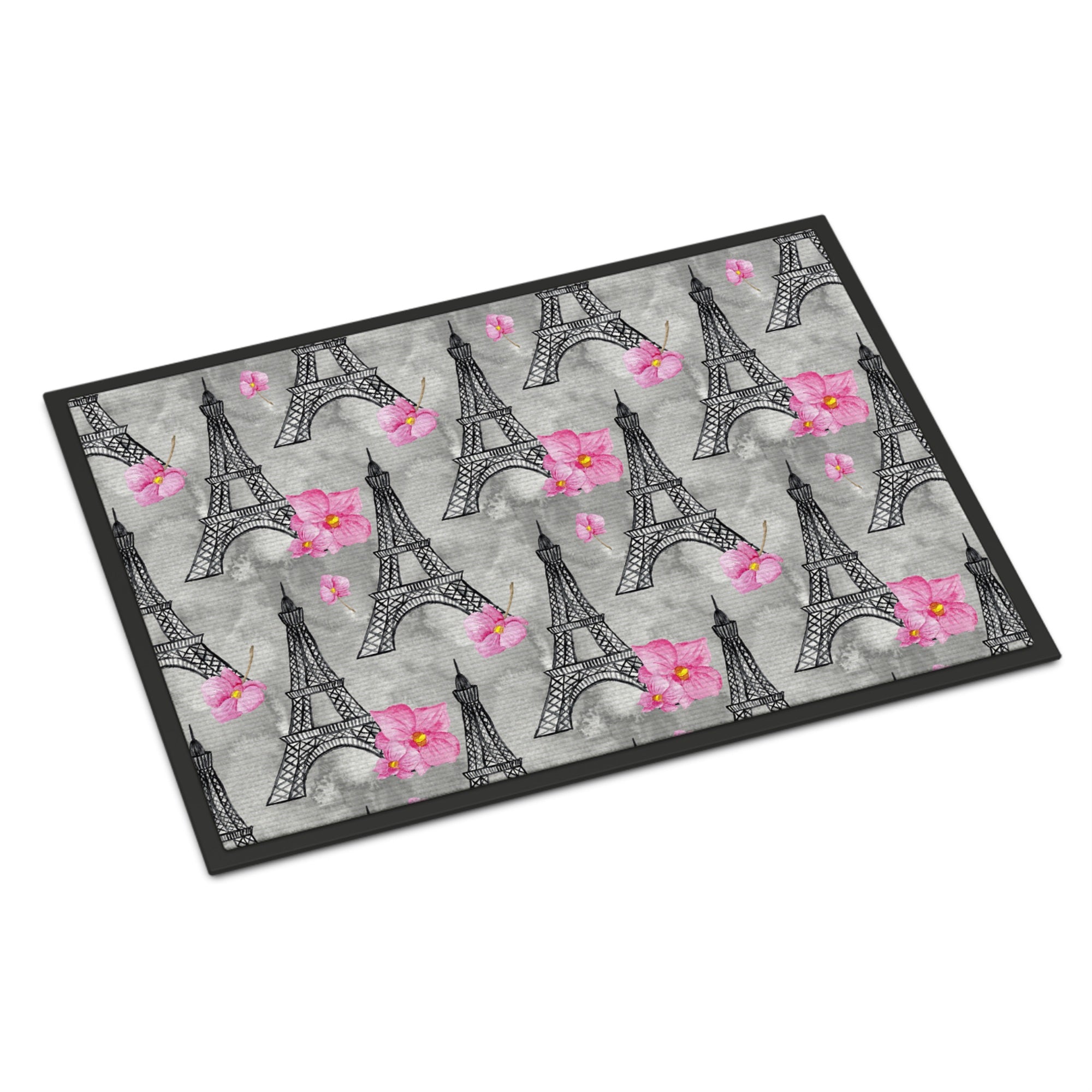 'Caroline'S Treasures Watercolor Pink Flowers Eiffel Tower Indoor Or Outdoor Doormat, 24'' H X 36'' W, Multicolor'