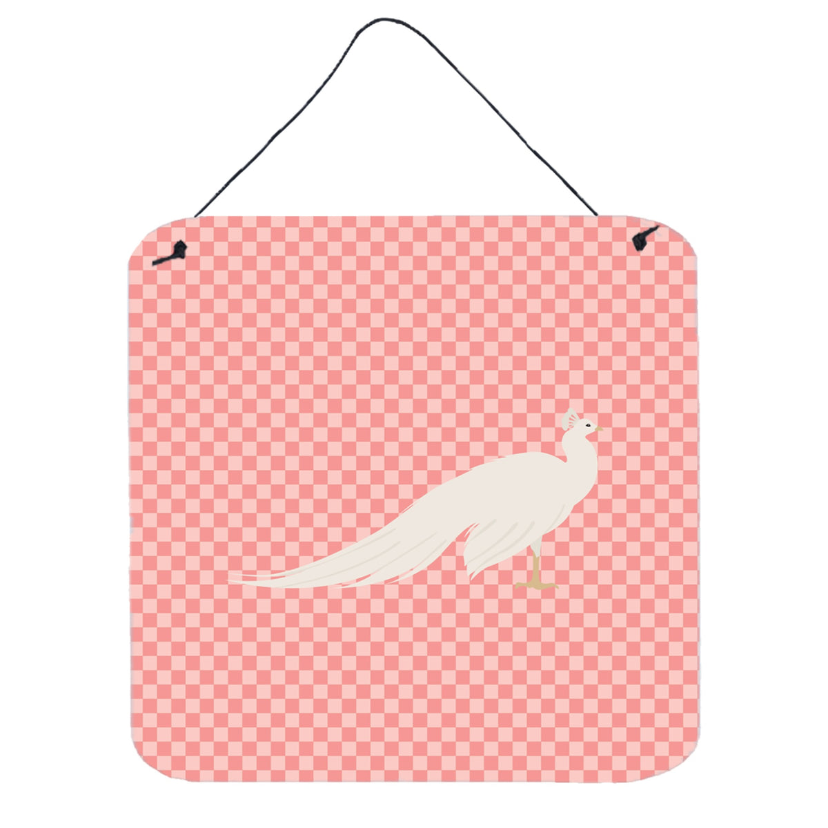 CarolineS Treasures Pink White Peacock Peafowl Check Metal Print, 6 Inch  Inch  H X 6 Inch  Inch  W