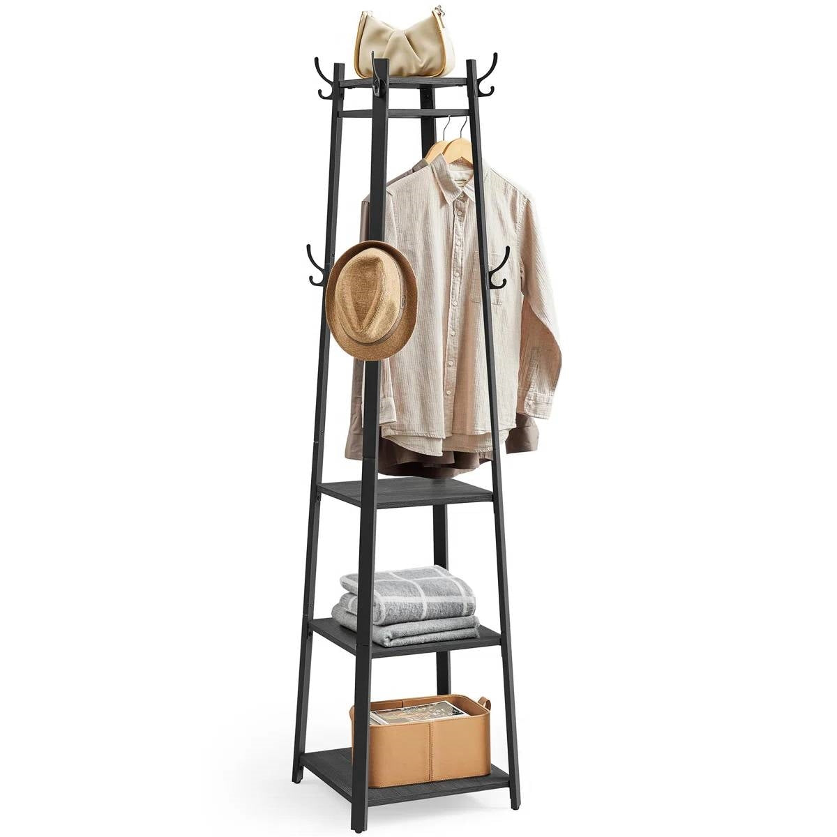 Modern Farmhouse Black Metal Coat Rack Entryway Hall Tree with Grey Wood Shelves