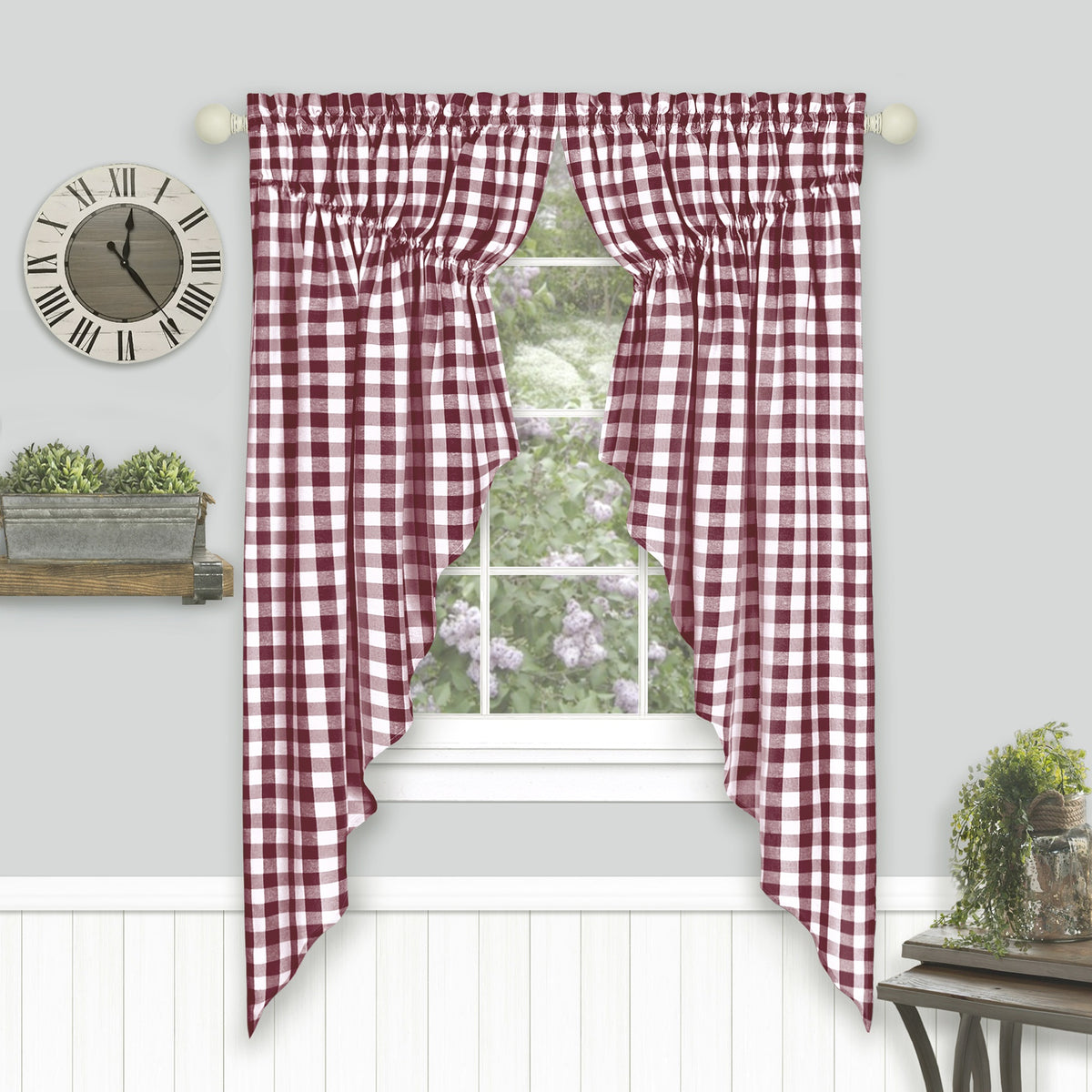 Buffalo Check Gathered Swag Window Curtain Pair  72X63  Burgundy