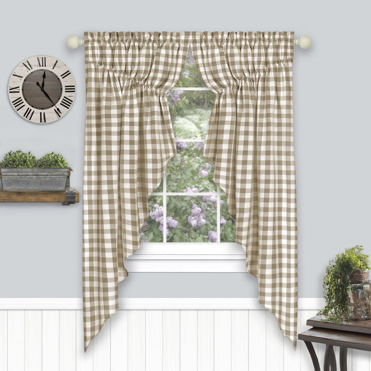 Buffalo Check Gathered Window Curtain Swagger  Allover Check Pattern  Coordinated Look  Machine Washable  36X63  Taupe