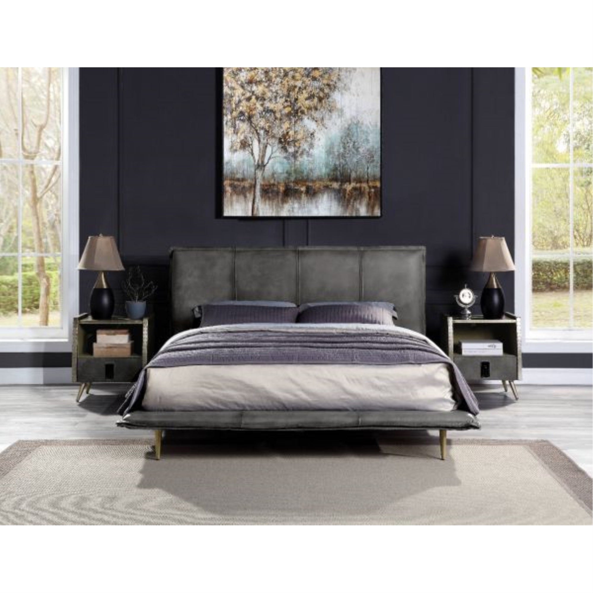 Acme Doris Top Grain Leather Upholstered Eastern King Bed - Thumbnail 4