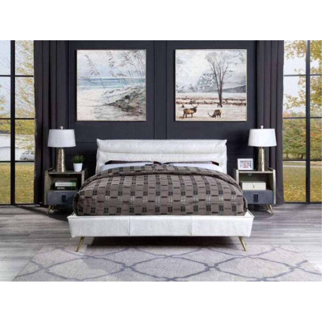 Acme Doris Top Grain Leather Upholstered Queen Bed in Vintage White