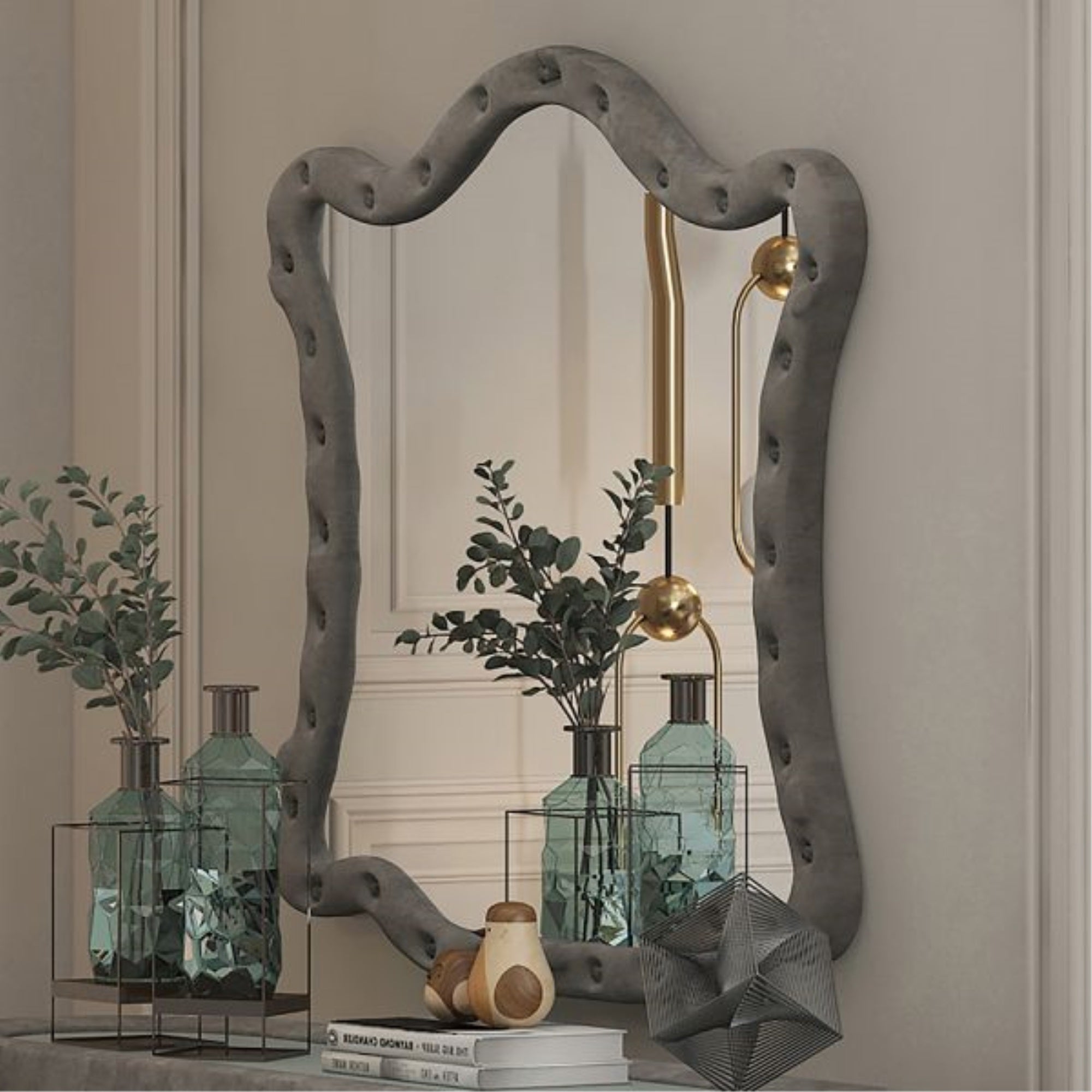 Acme Perine Velvet Upholstered Tufted Dresser Mirror In Gray