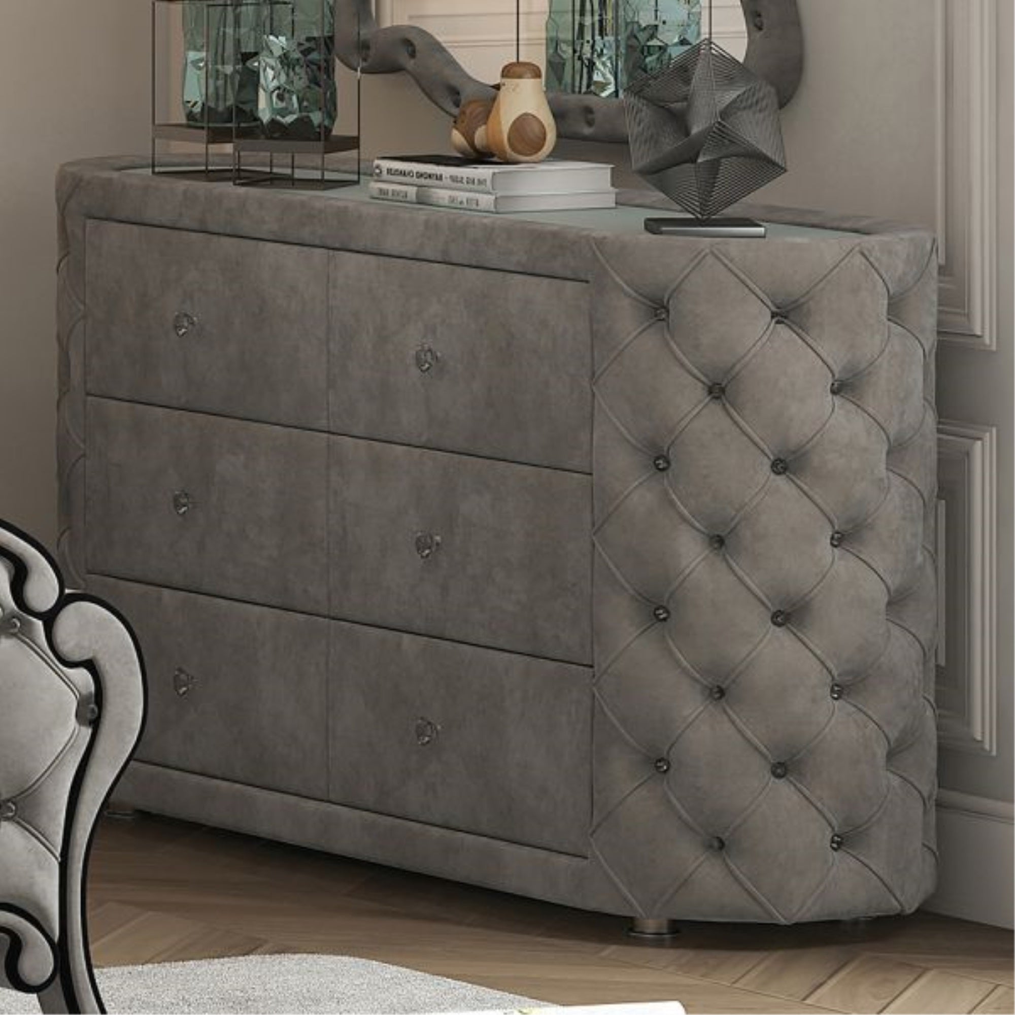 Acme Furniture 6 Drawers Upholstered Dresser with Button Tufting, Gray Velvet