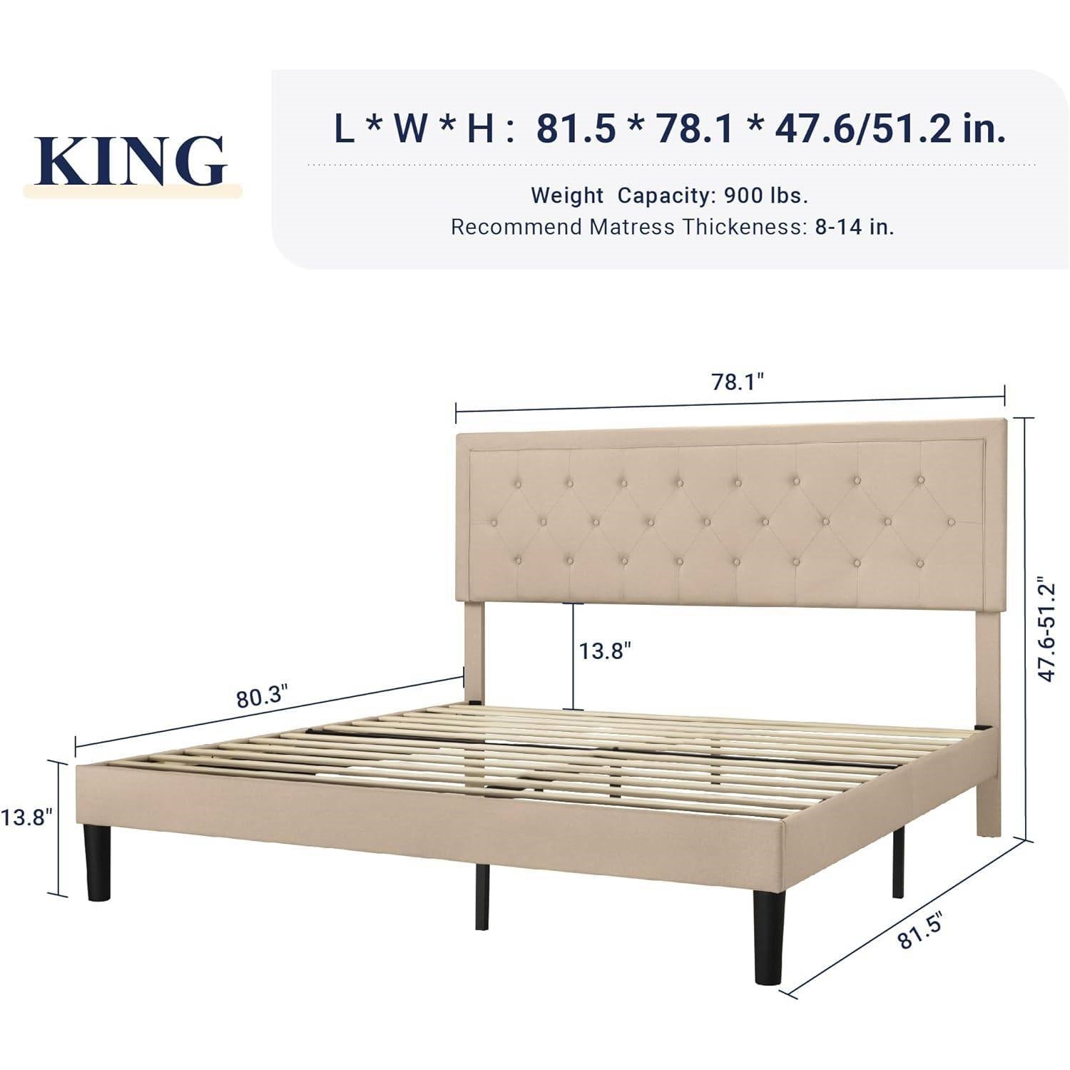 King size Beige Linen Platform Bed Frame with Button Tufted Headboard