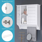 Wall Mounted Bathroom Medicine Cabinet with Louver Doors and Towel Bar in White