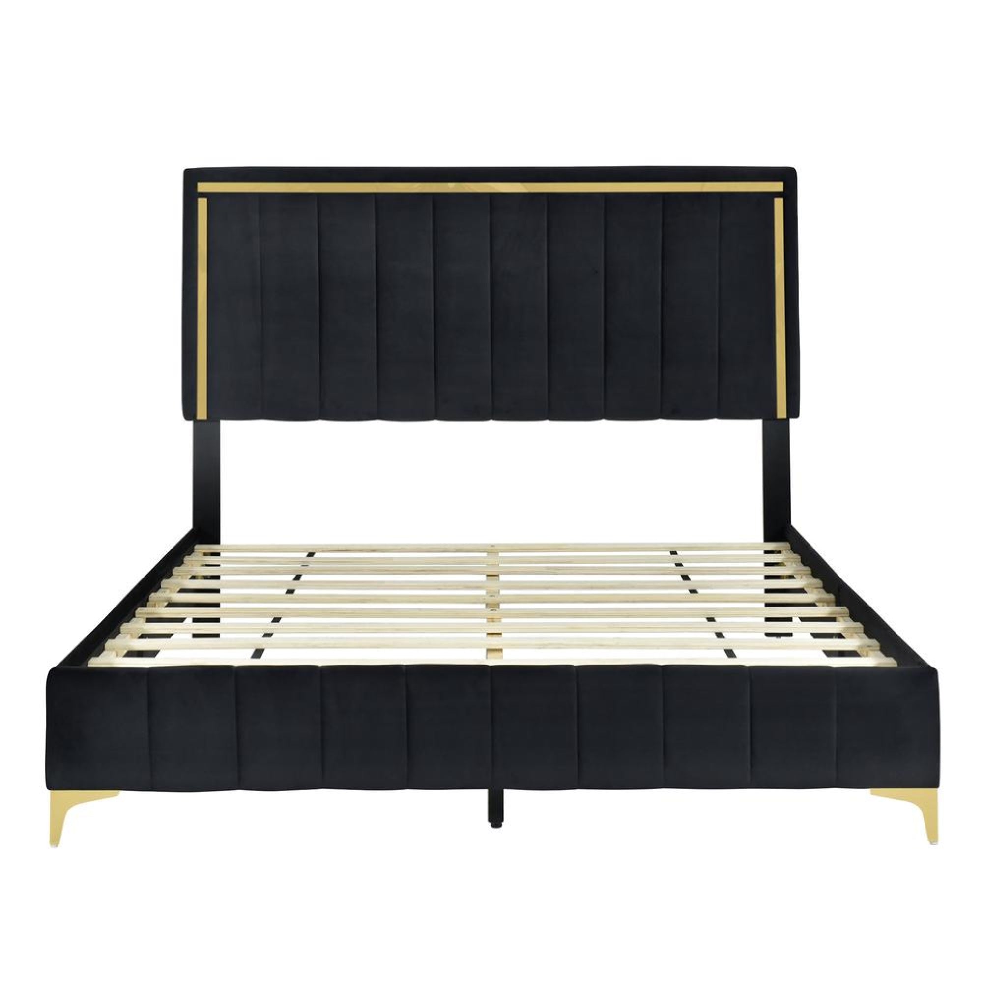 Better Home Products Gold Trim Velvet Platform Bed With Wooden Frame Black