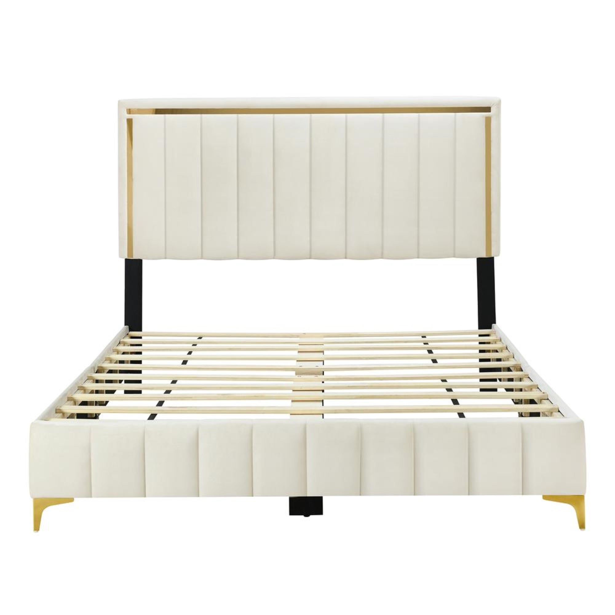 Better Home Products Gold Trim Velvet Platform Bed With Wooden Frame Cream