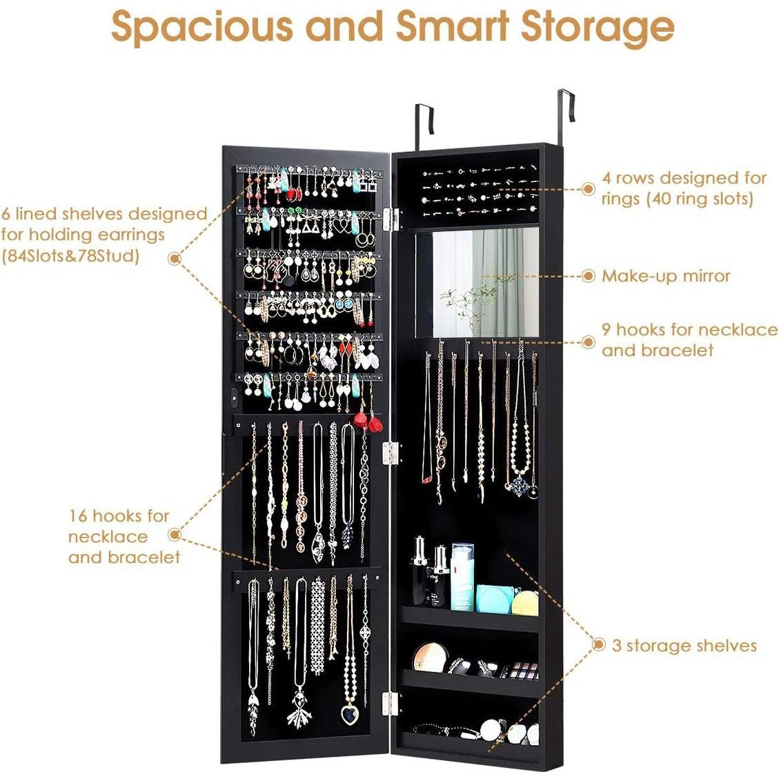 2-in-1 Black Wall or Door Mounted Jewelry Organizer Full Length Mirror