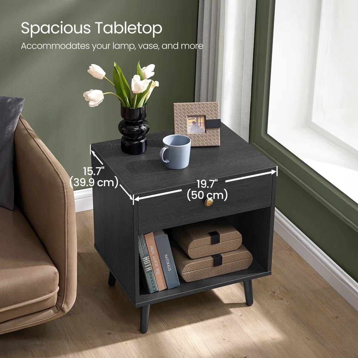 Mid-Century Farmhouse 1-Drawer Nightstand with Open Shelf in Black Wood Finish
