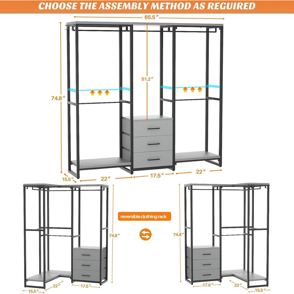 Heavy Duty Black Grey Freestanding Garment Rack Closet Wardrobe with 3 Drawers
