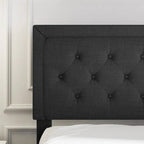 Queen Black Linen Upholstered Platform Bed Frame with Button-Tufted Headboard