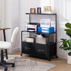 Industrial Modern Black Metal Wood Printer Stand File Cabinet w/ Fabric Drawers