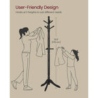 Solid Wood Coat Rack with 10 Hooks in Black Finish