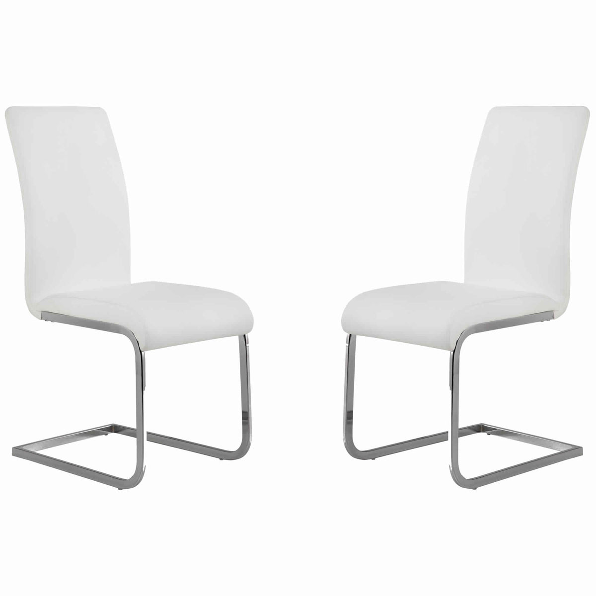 Metal Cantilever Base Leatherette Dining Chair, Set of 2, White and Silver