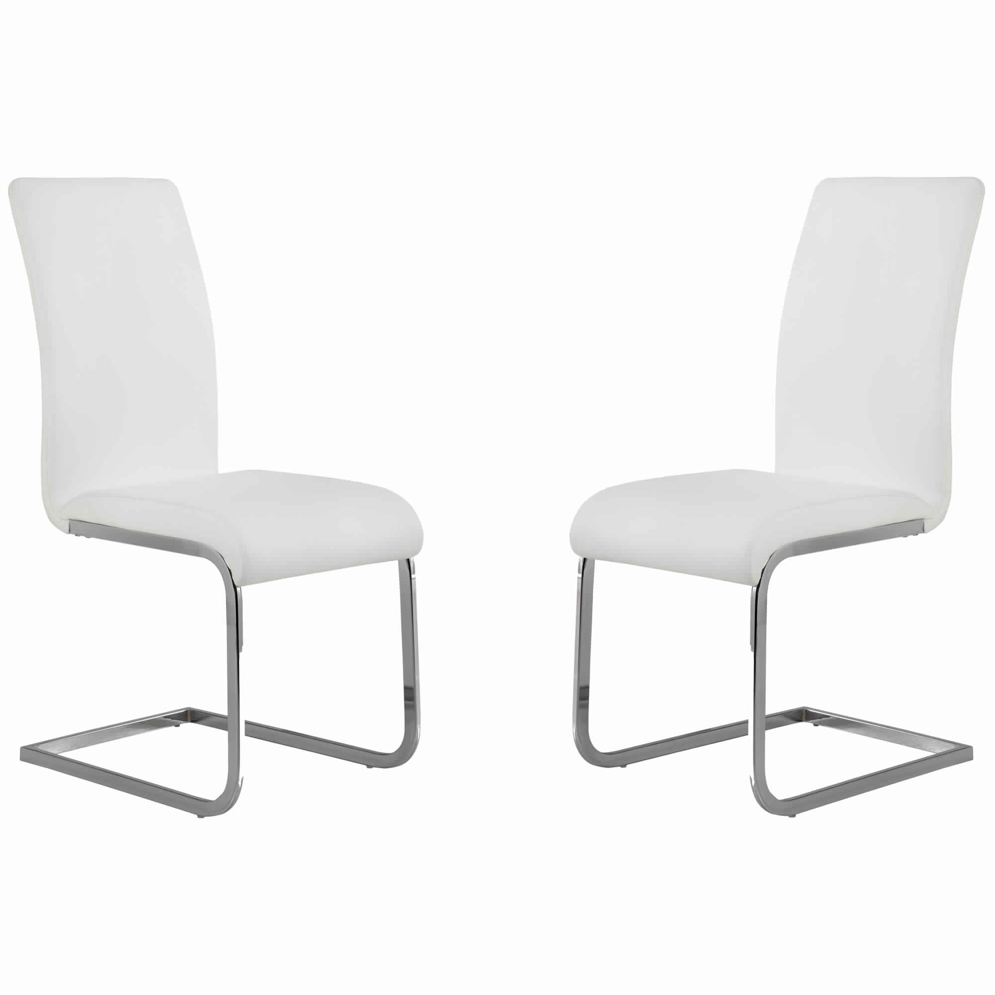 Metal Cantilever Base Leatherette Dining Chair, Set of 2, White and Silver