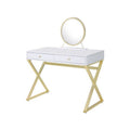 Vanity Desk With Removable Mirror And Cross Metal Legs, White And Gold