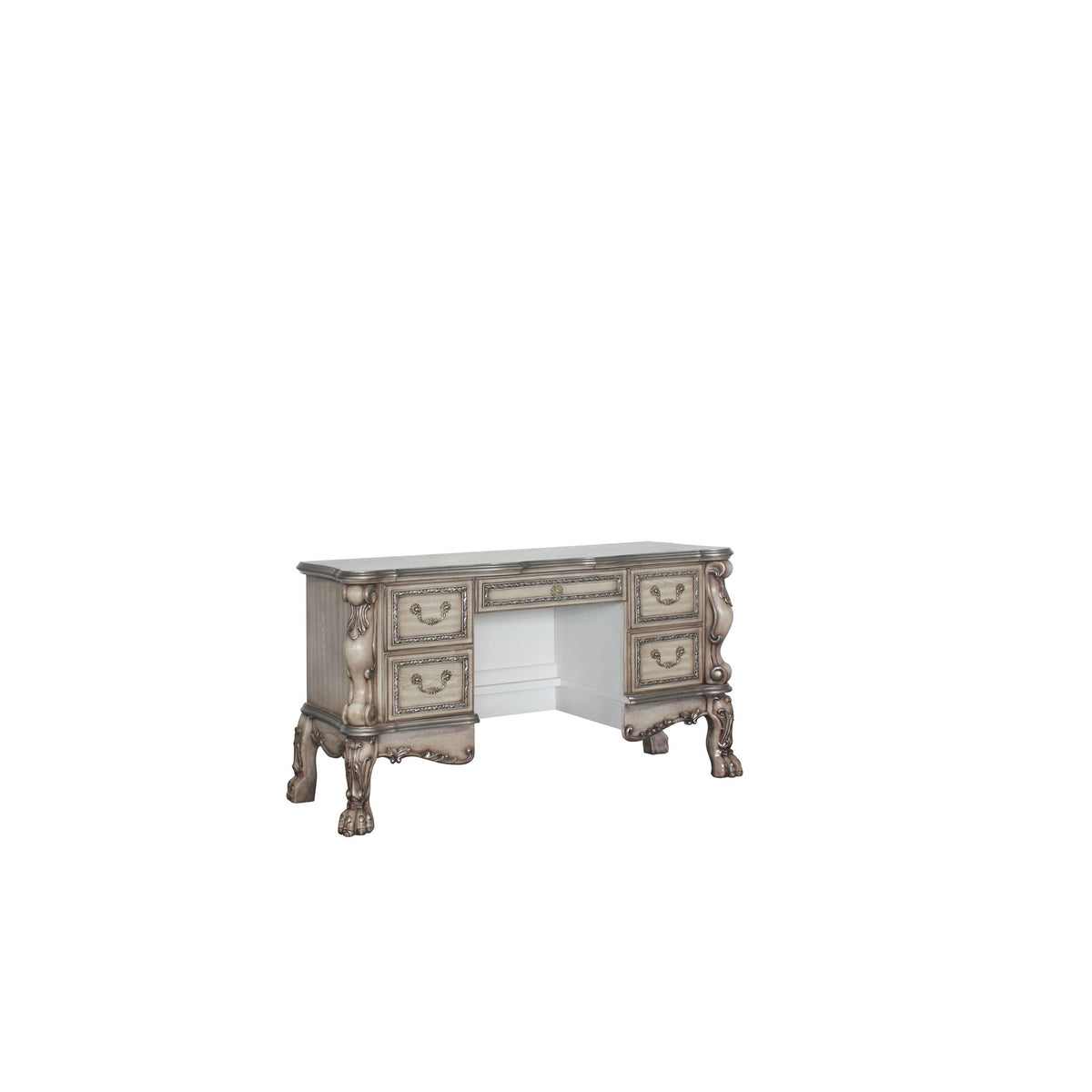 Vanity Desk With 5 Drawers And Traditional Carved Claw Legs, Off White