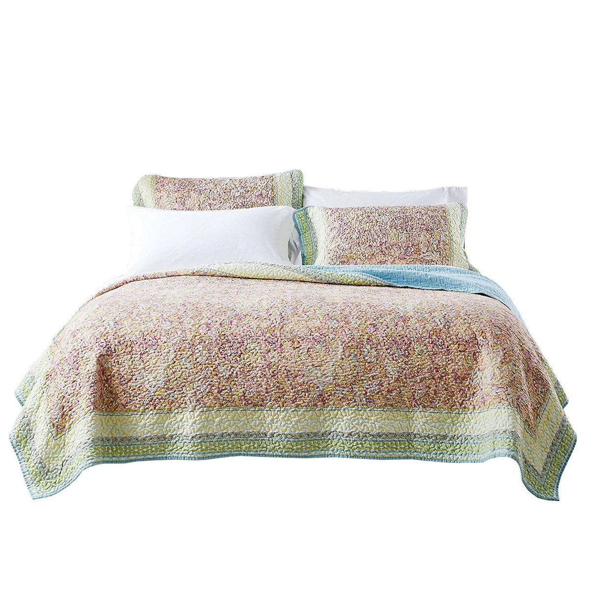 Denver 3 Piece Queen Cotton Quilt Set With Fern Branches Print, Multicolor