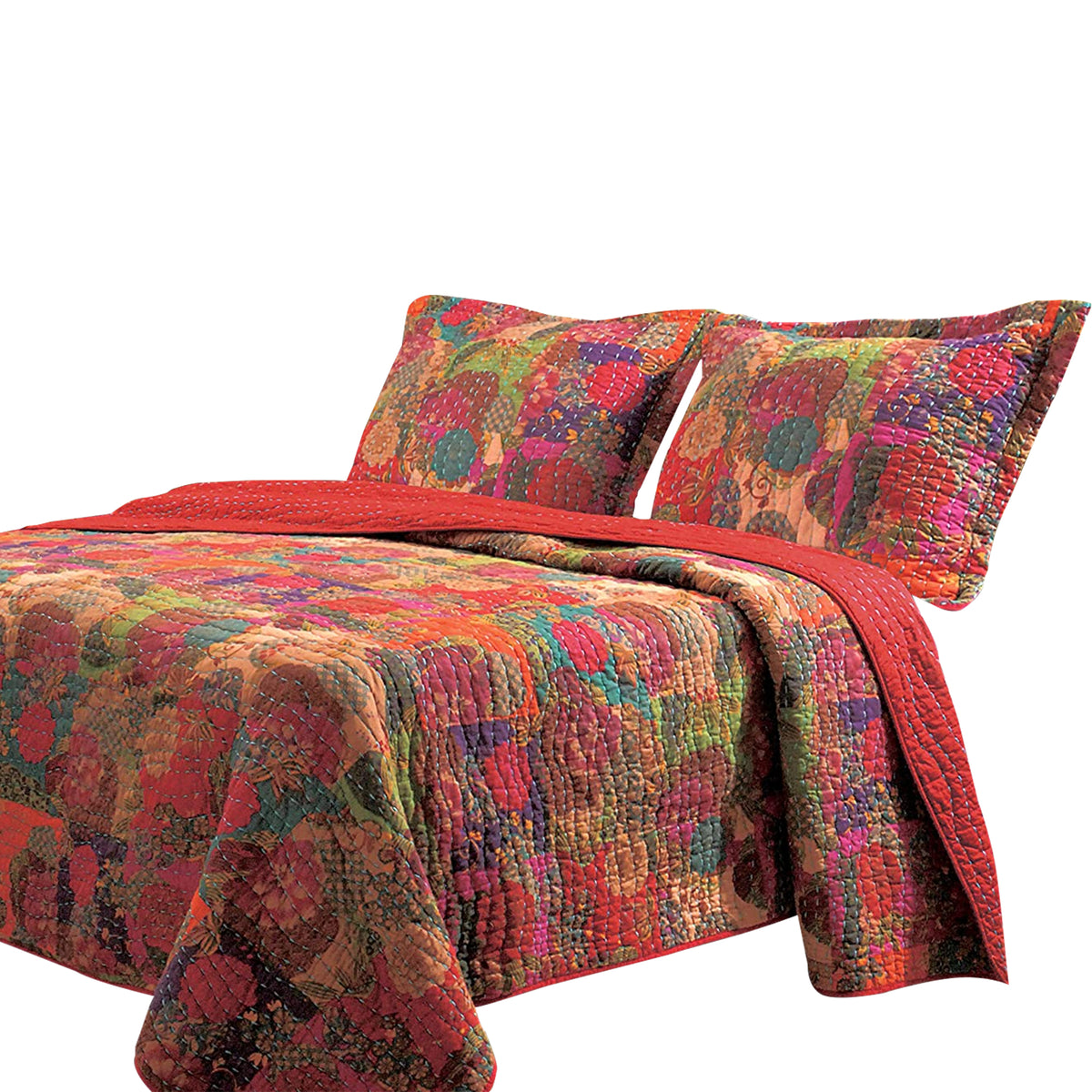 Tisa 3 Piece Reversible King Quilt Set With Floral And Fruit Pattern, Multicolor