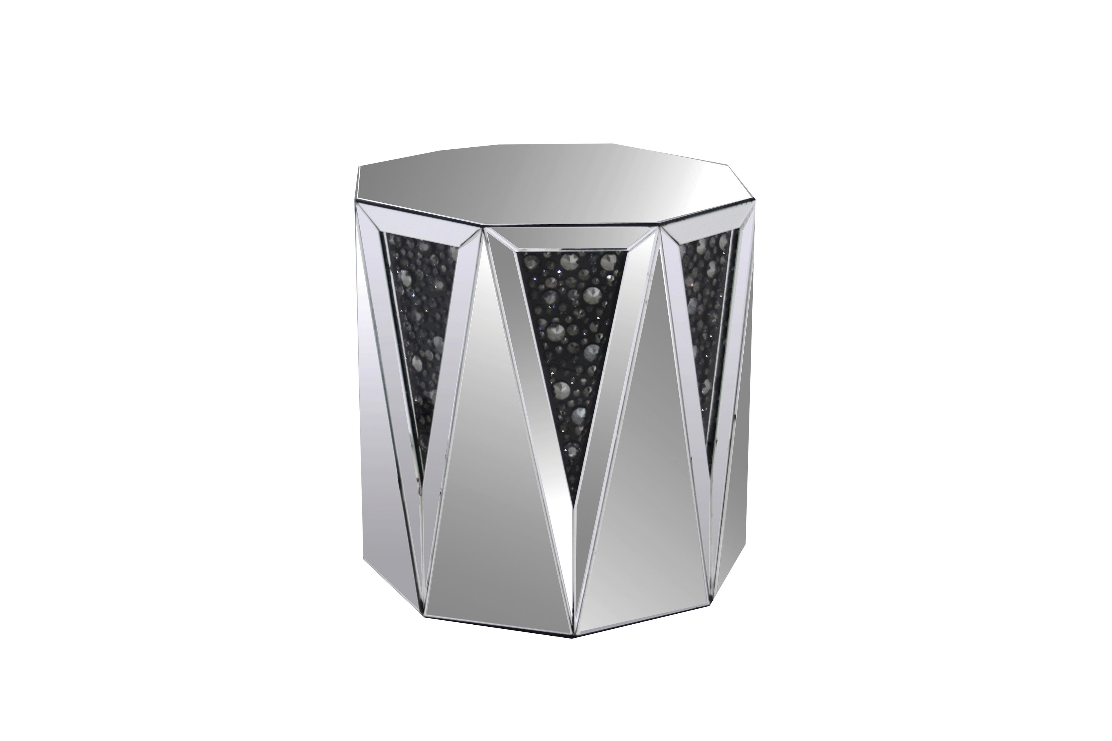 End Table With Octagonal Mirrored Top, Clear And Black