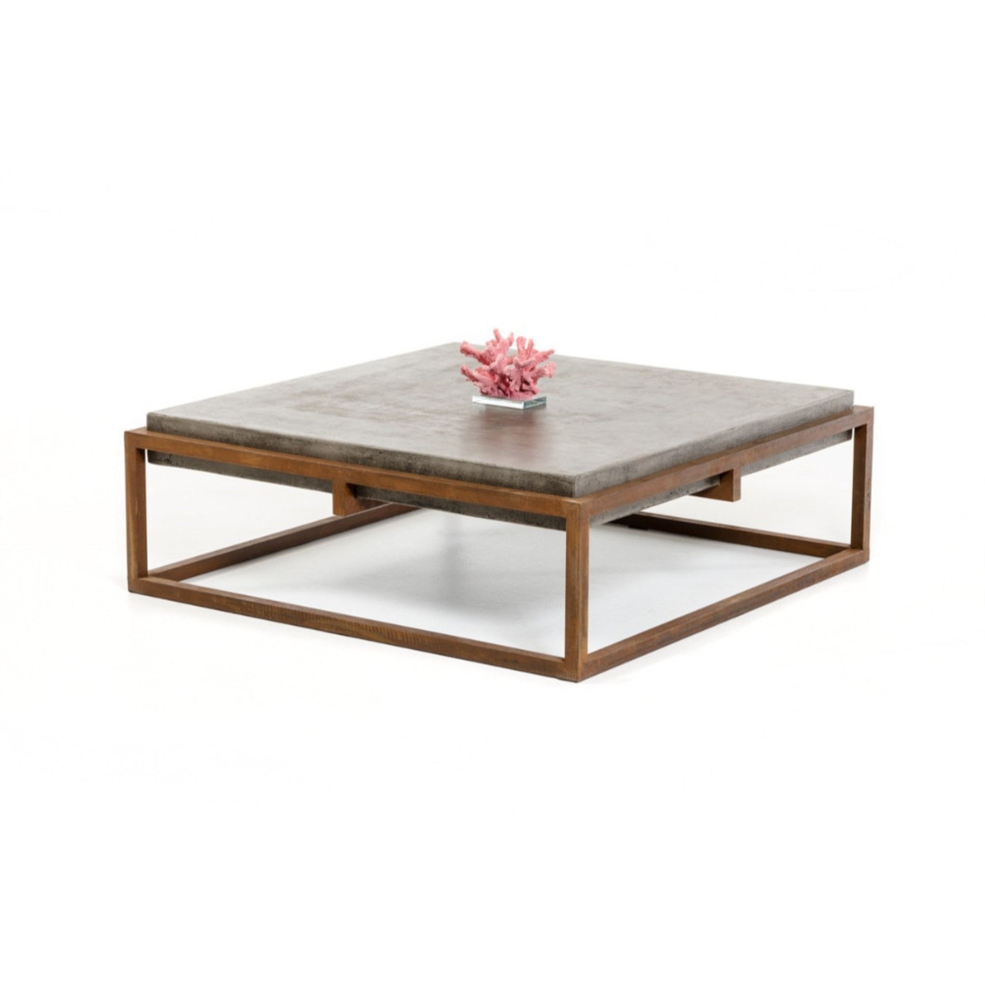 Square Shape Rustic Steel Framed Coffee Table with Concrete Top , Brown and Gray