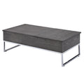 Wooden Coffee Table With Two Lift Tops And Metal Sled Leg Support, Gray And Silver