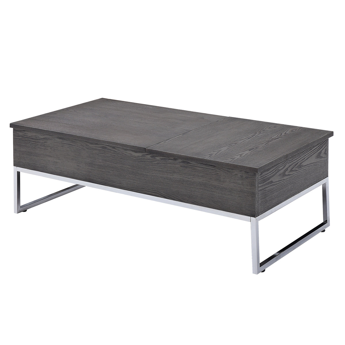 Wooden Coffee Table With Two Lift Tops And Metal Sled Leg Support, Gray And Silver