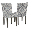 Wooden Dining Chair with Damask Print Fabric Upholstery, Gray and Blue, Set of Two
