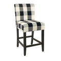 Wooden Counter Height Stool with Plaid Pattern Fabric Upholstery, Black and White