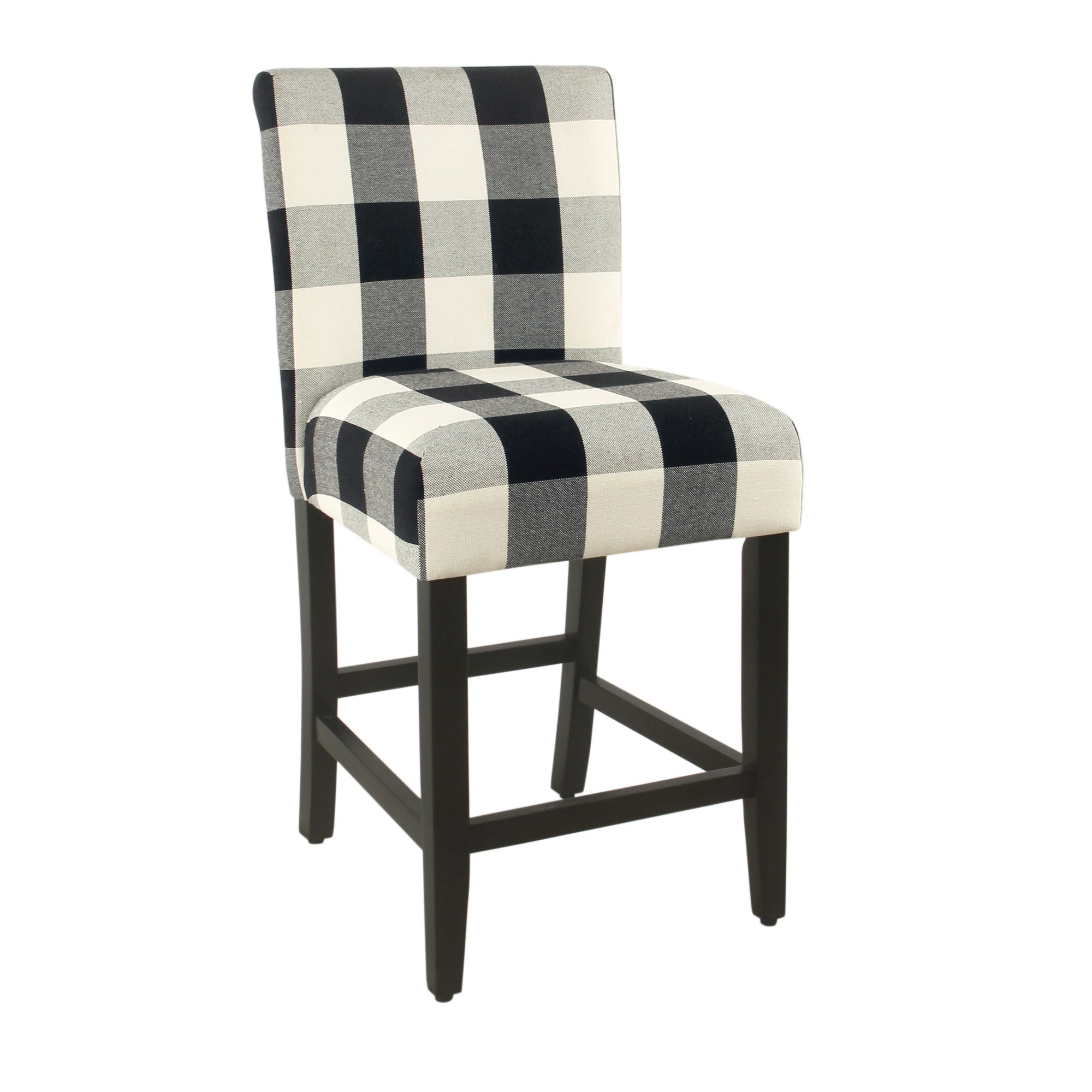 Wooden Counter Height Stool with Plaid Pattern Fabric Upholstery, Black and White