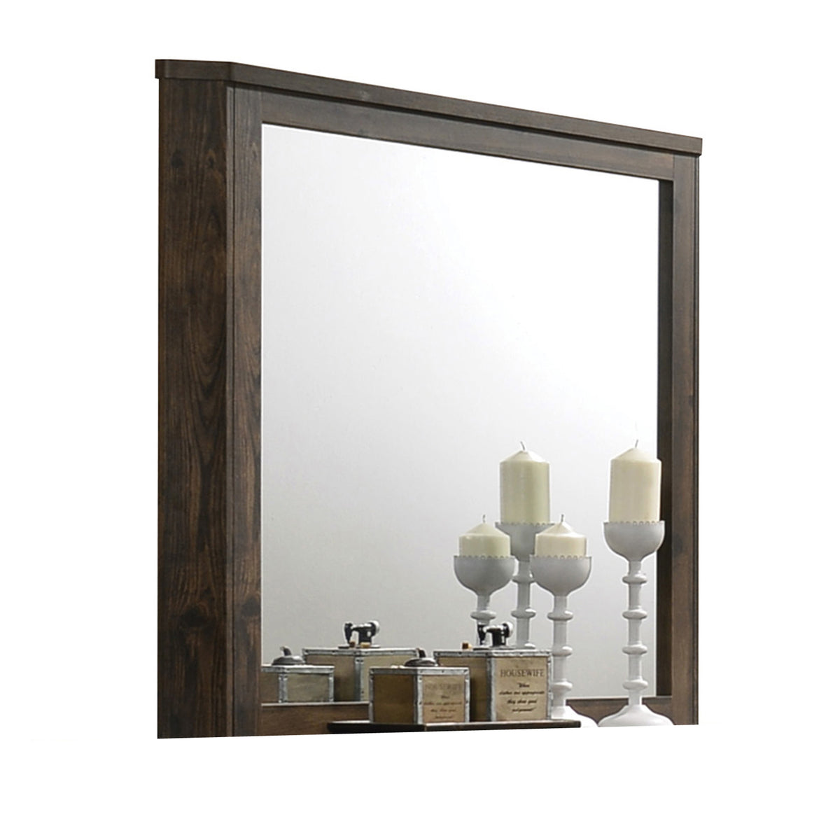 Transitional Style Wooden Decorative Mirror With Grooved Panels, Brown