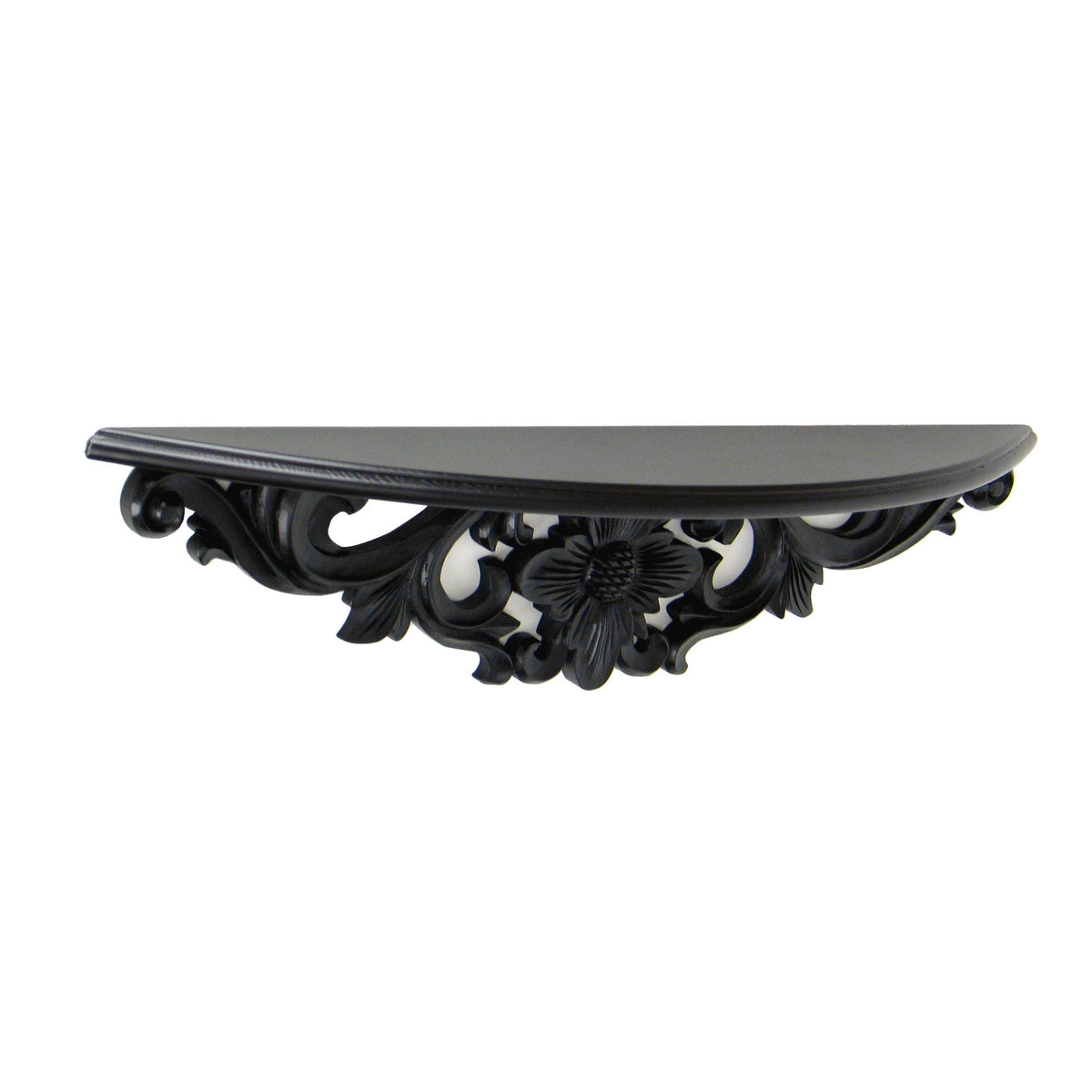 Hand Carved Wooden Moonbay Wall Shelf In Floral Design, Black